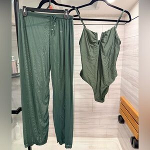 HIGH Waist Green One-Piece Swimsuit With See Through Cover Up Pants.